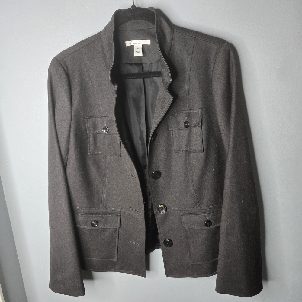 Kenneth Cole Brown Grey Military Blazer Jacket 10 Utility Button Career Chic